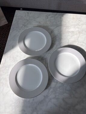 Polish made fancy White Dinner Plates with Silver Rim - Set of 3